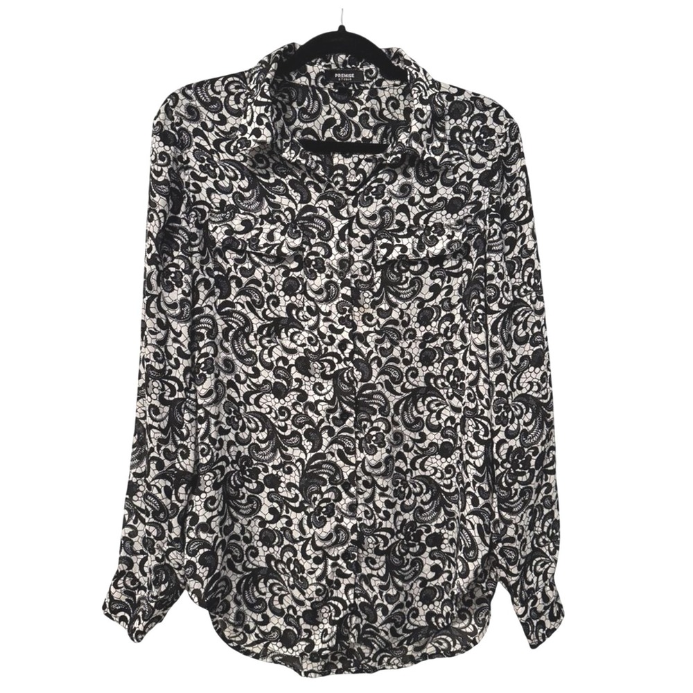 Premise Studio Button Up Shirt Black White Lace Paisley Print Womens Size 6